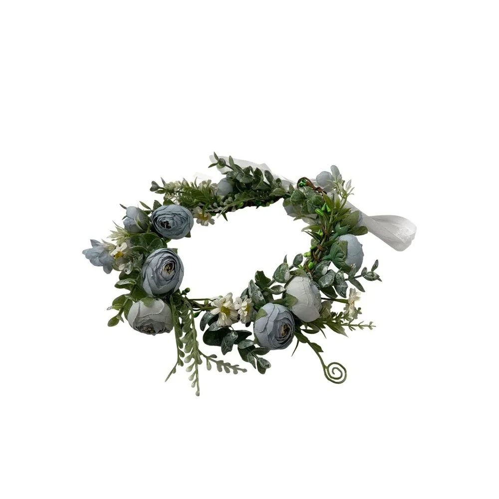 Dusty Blue Floral Crown Flower Halo Adjustable Ribbon Wedding Festival Boho‎